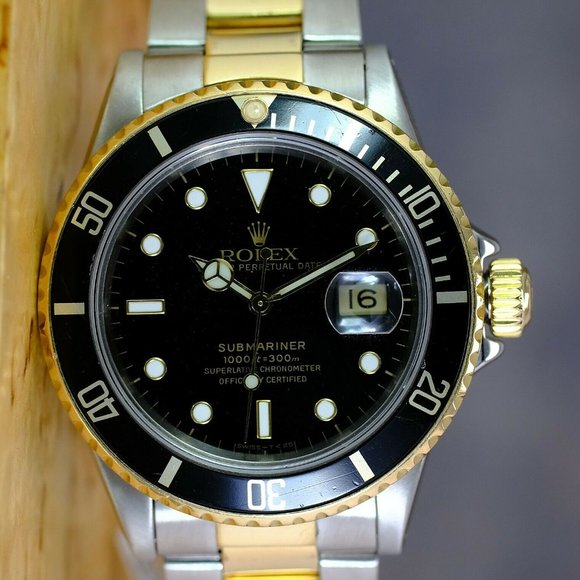MEN'S ROLEX SUBMARINER 2TONE BLACK DIAL 40MM WATCH ORIGINAL BOX & PAPERS 16803 - Picture 5 of 15